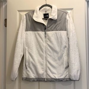White and grey north face fleece full zip jacket
